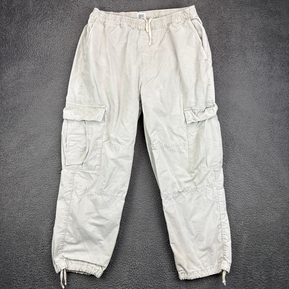 BDG Urban Outfitters Mens Cargo PJ Pants W34 L32 Beige Ripstop Drawstring Hem